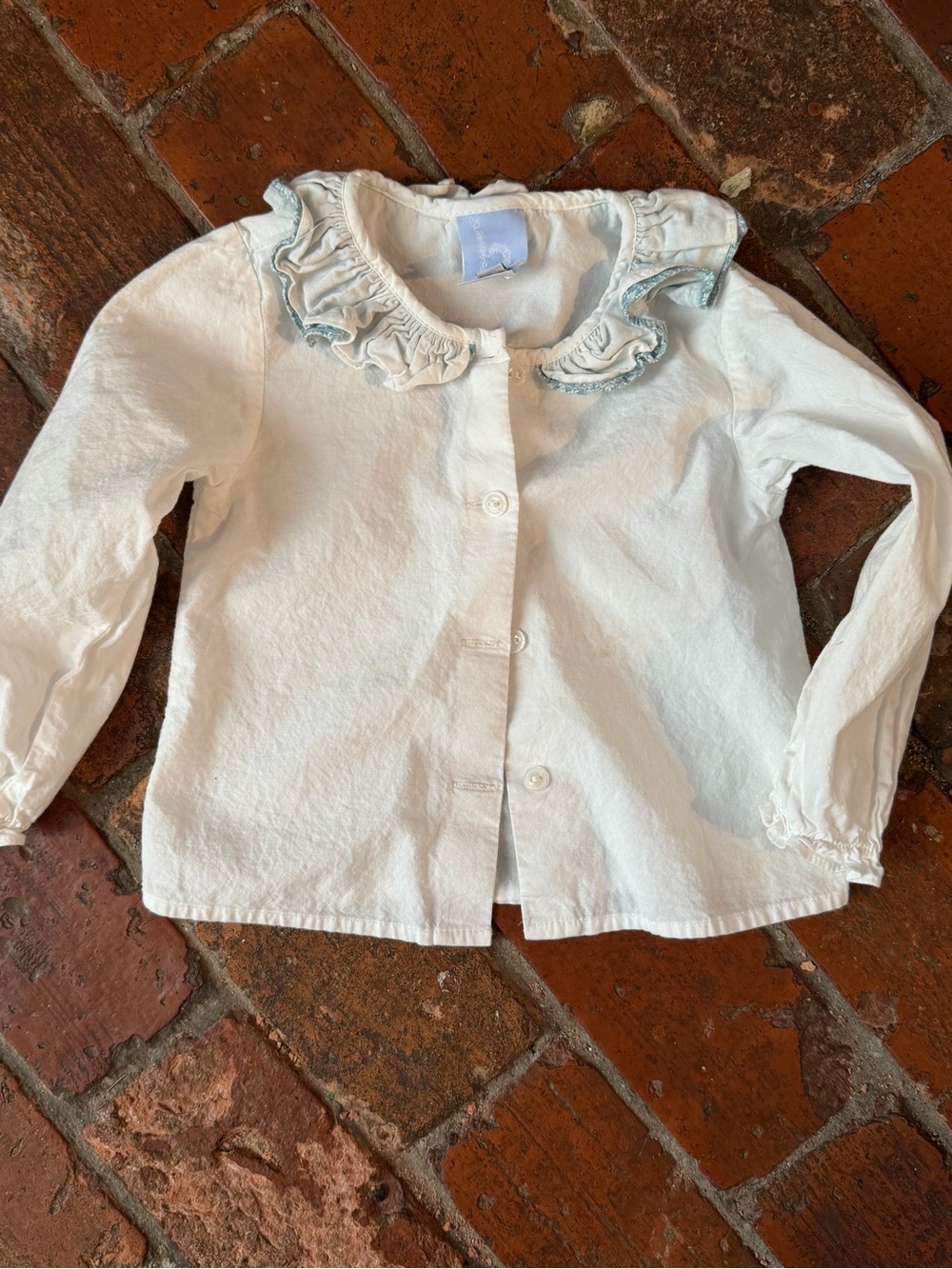 Bella Bliss White Ruffle Collar Long Sleeve Blouse Top Blue Floral Trim, Size 2T